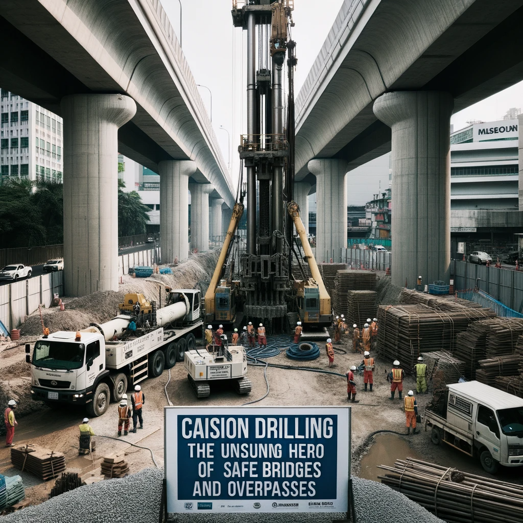 Caisson drilling machinery positioned under a bridge for structural reinforcement.