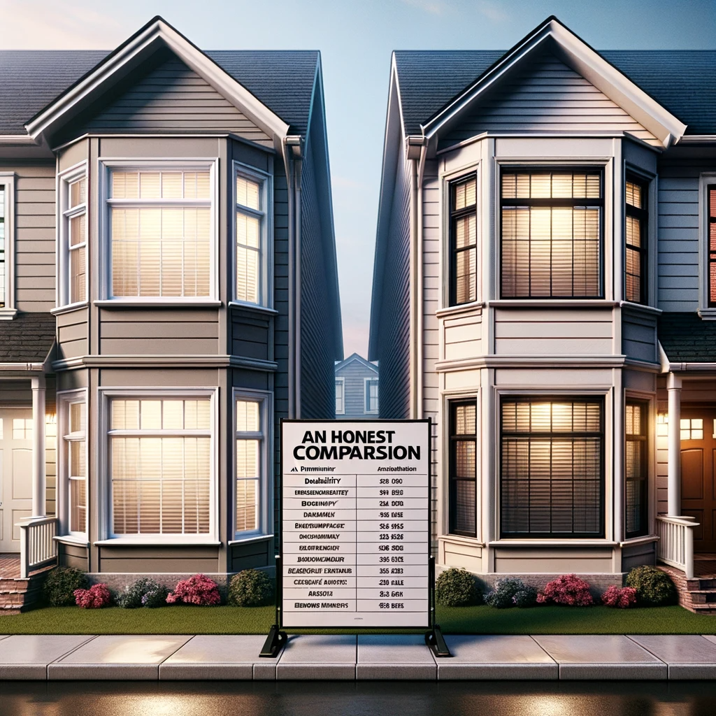 Side-by-side comparison of Milgard Windows' durability and design features, flanked by two well-constructed homes.