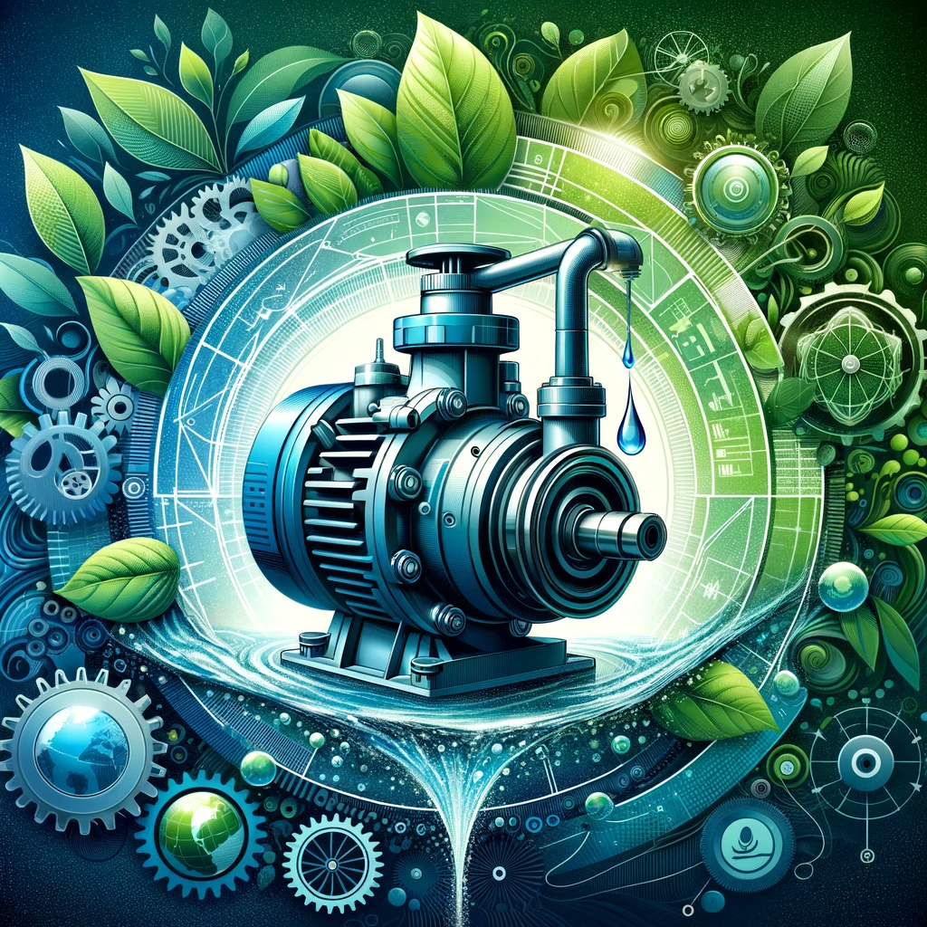 Creative illustration of a Zoeller pump blending nature and technology, with leaves, water droplets, gears, and energy symbols on a green and blue background, emphasizing eco-friendly innovation.